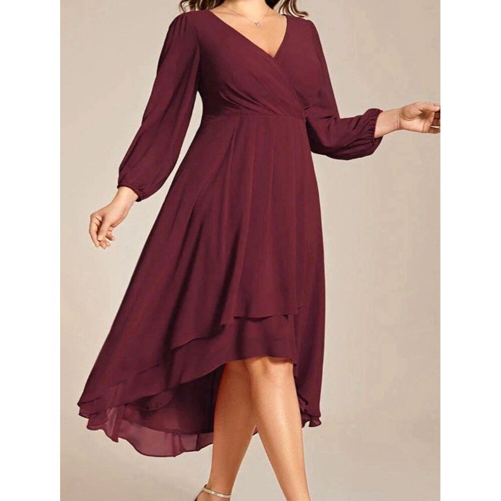 Ever-Pretty Dress Women Size 18 Burgundy Chiffon A-Line High-Low Wedding Guest